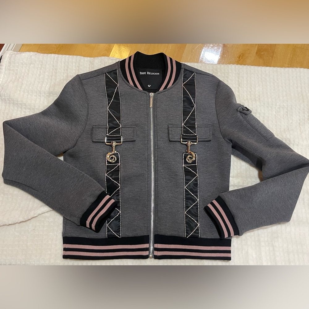 True Religion Gray Bomber Jacket with Pink & Black Trim